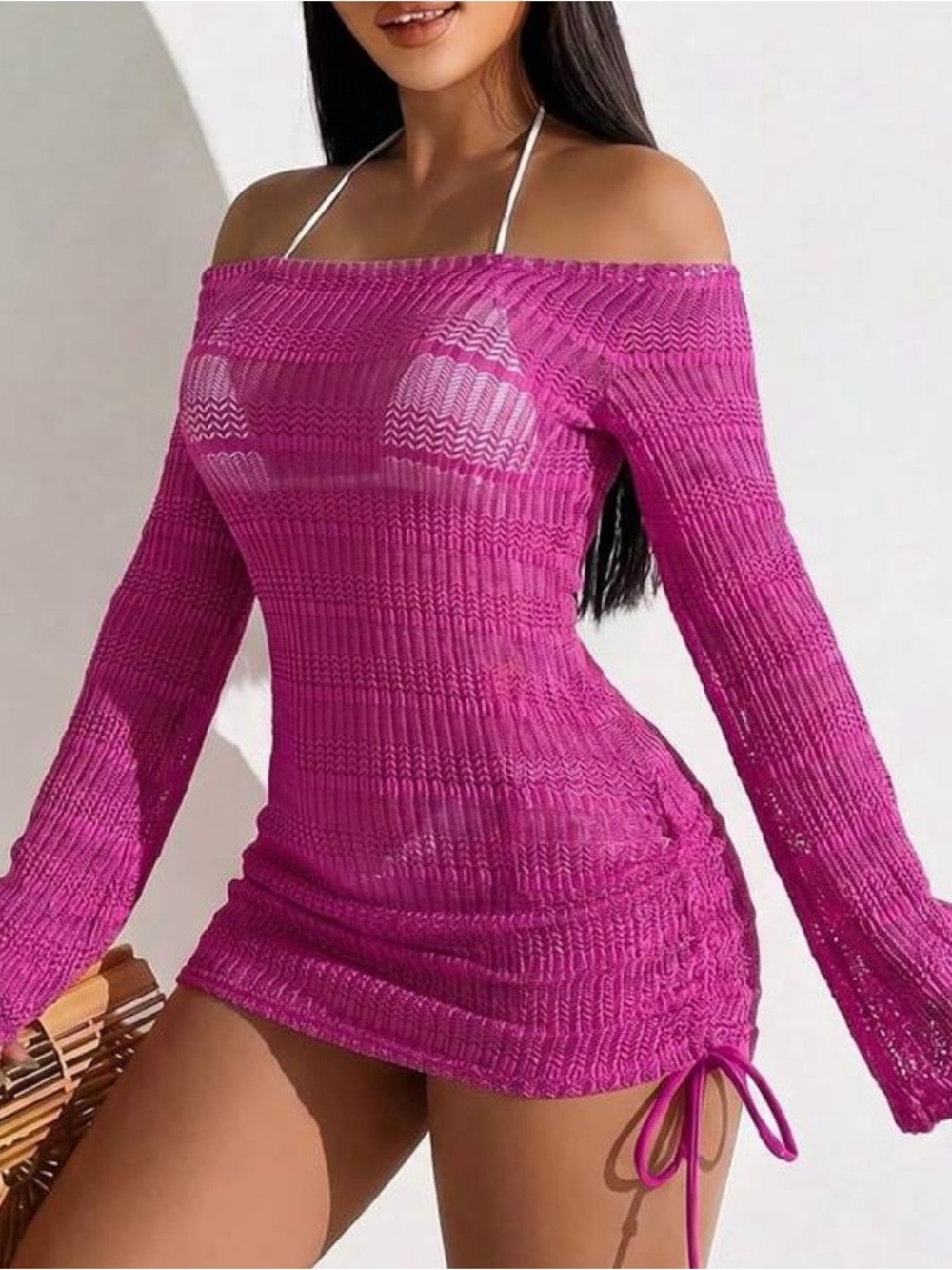 Off-Shoulder Fuchsia Knit Beach Cover-Up Dress